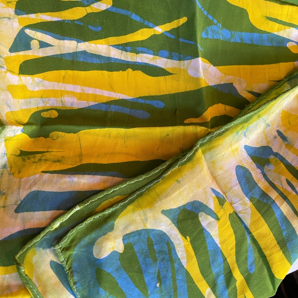 Hand-Dyed Silk Scarf – Green, Yellow & Blue Batik – 12” x 36” Vibrant Abstract